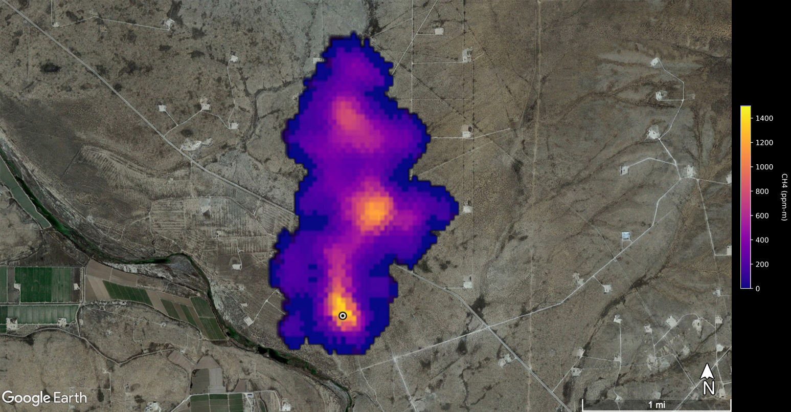 A plume of methane is detected flowing from an area southeast of Carlsbad, New Mexico.