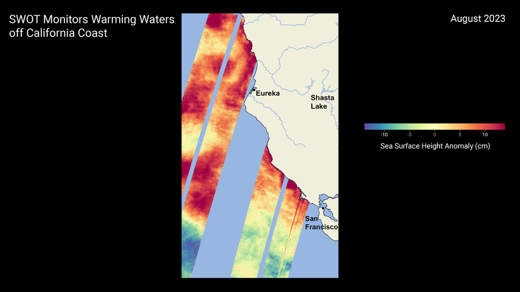 This data visualization image above shows sea surface heights off the northern California coast in August 2023 as measured by the Surface Water and Ocean Topography (SWOT) satellite.
