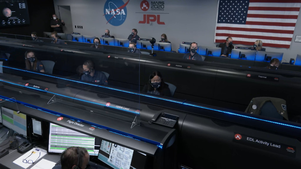 Views of Mission Control and on Mars during Perseverance's descent
