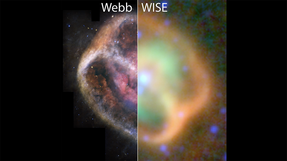 Two infrared views of NGC 1514. Starting with an observation from NASA’s Wide-field Infrared Survey Explorer (WISE). Ending with a more refined image from NASA's James Webb Space Telescope.