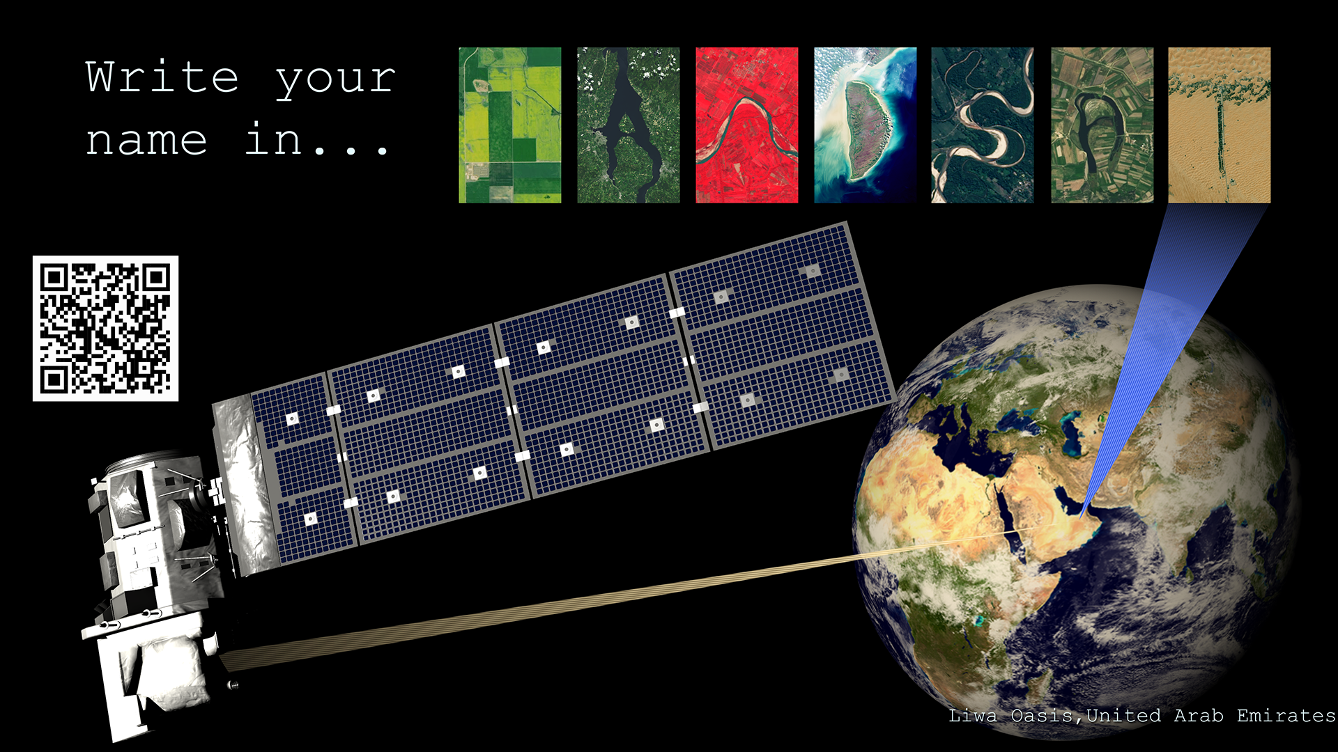 Animation showing the Landsat 9 satellite capturing data at different locations which is then used to spell out "LANDSAT" for the Your Name In Landsat project.