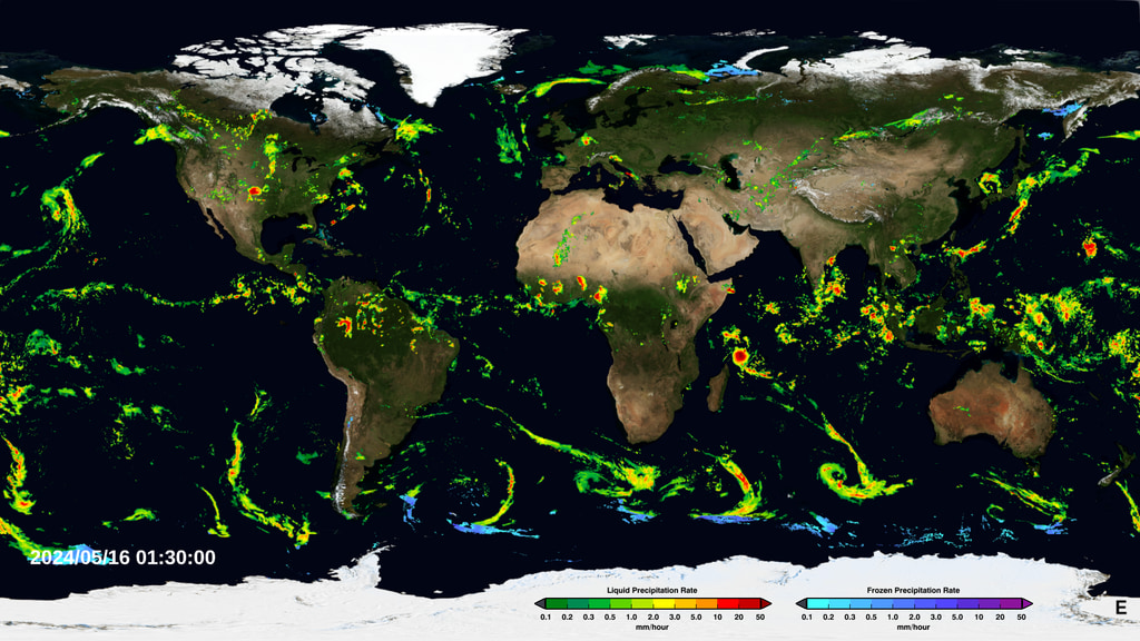 An animation of the most currently available global precipitation data from IMERG.